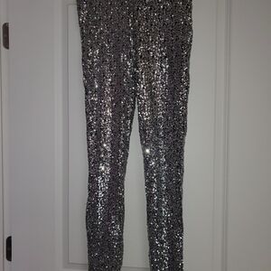 Womens Sparkly Silver Sequin And Black Leggings Pants
